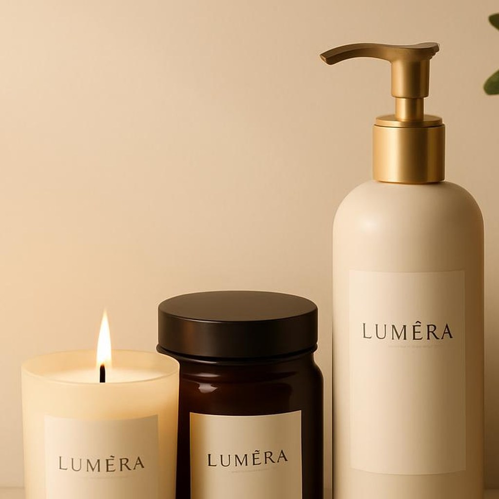 Candle, jar and pump bottle on a shelf